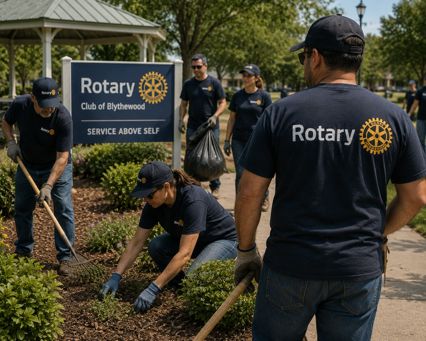 Rotary Club of Blythewood volunteers in custom embroidered navy tees and caps