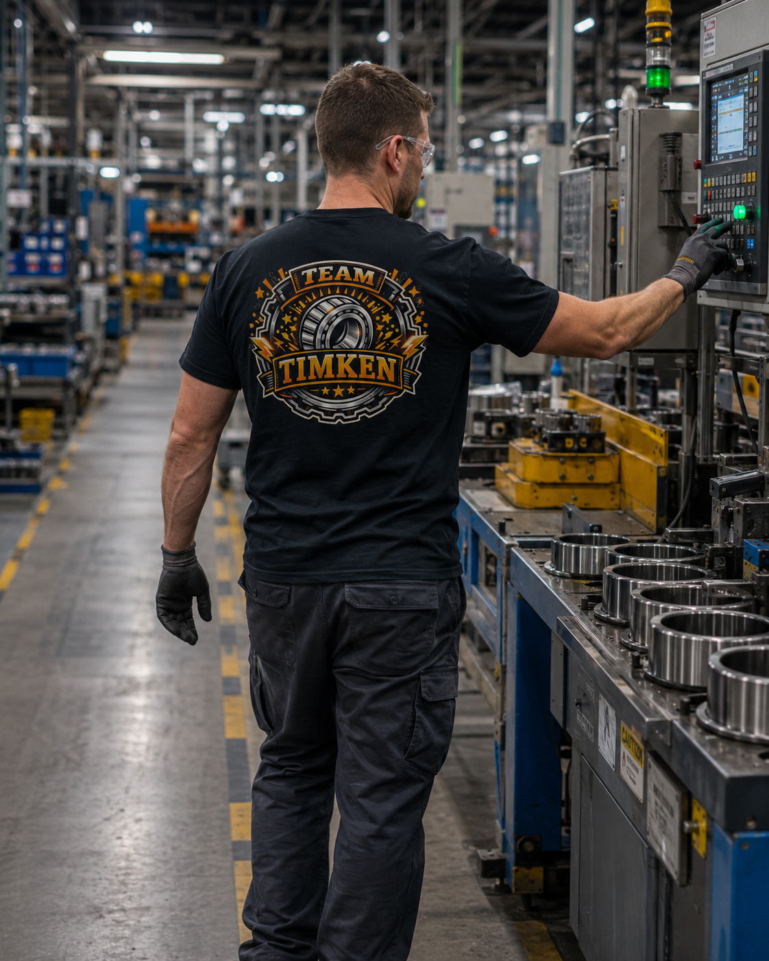 Manufacturing employee wearing a Team Timken branded shirt on the plant floor