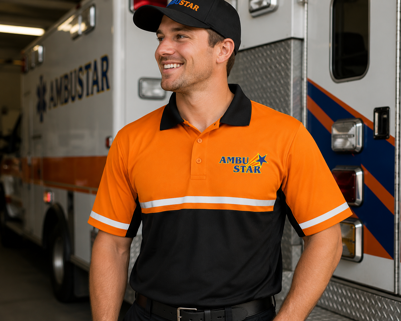 EMS professional in a custom embroidered AmbuStar polo and cap
