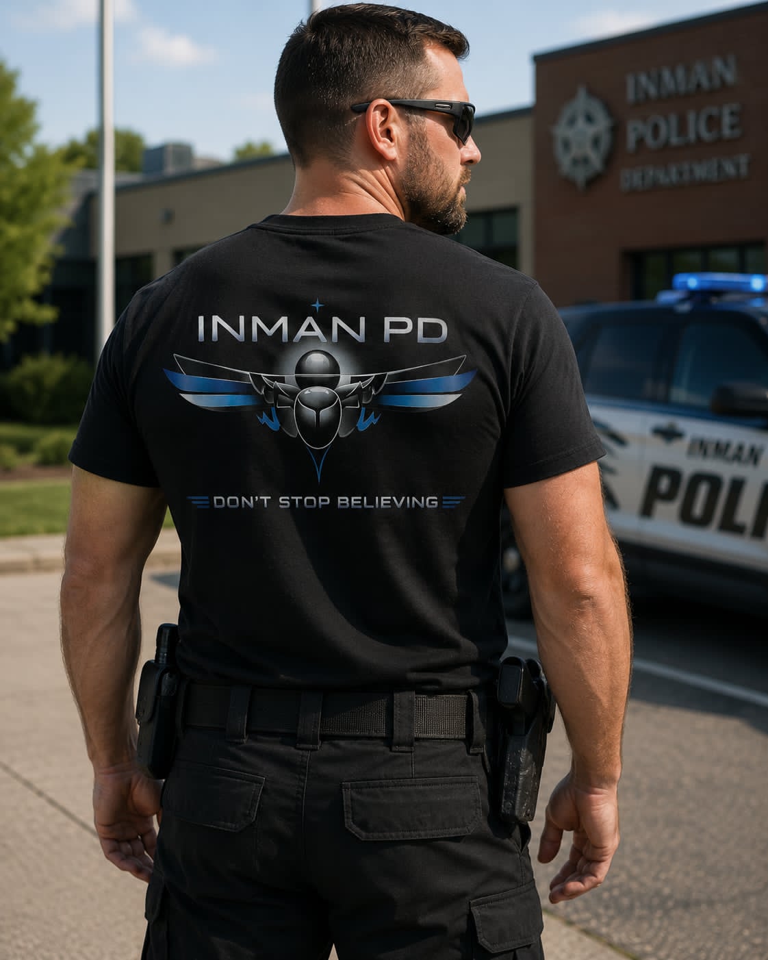 Inman Police Department officer wearing a custom-printed department t-shirt