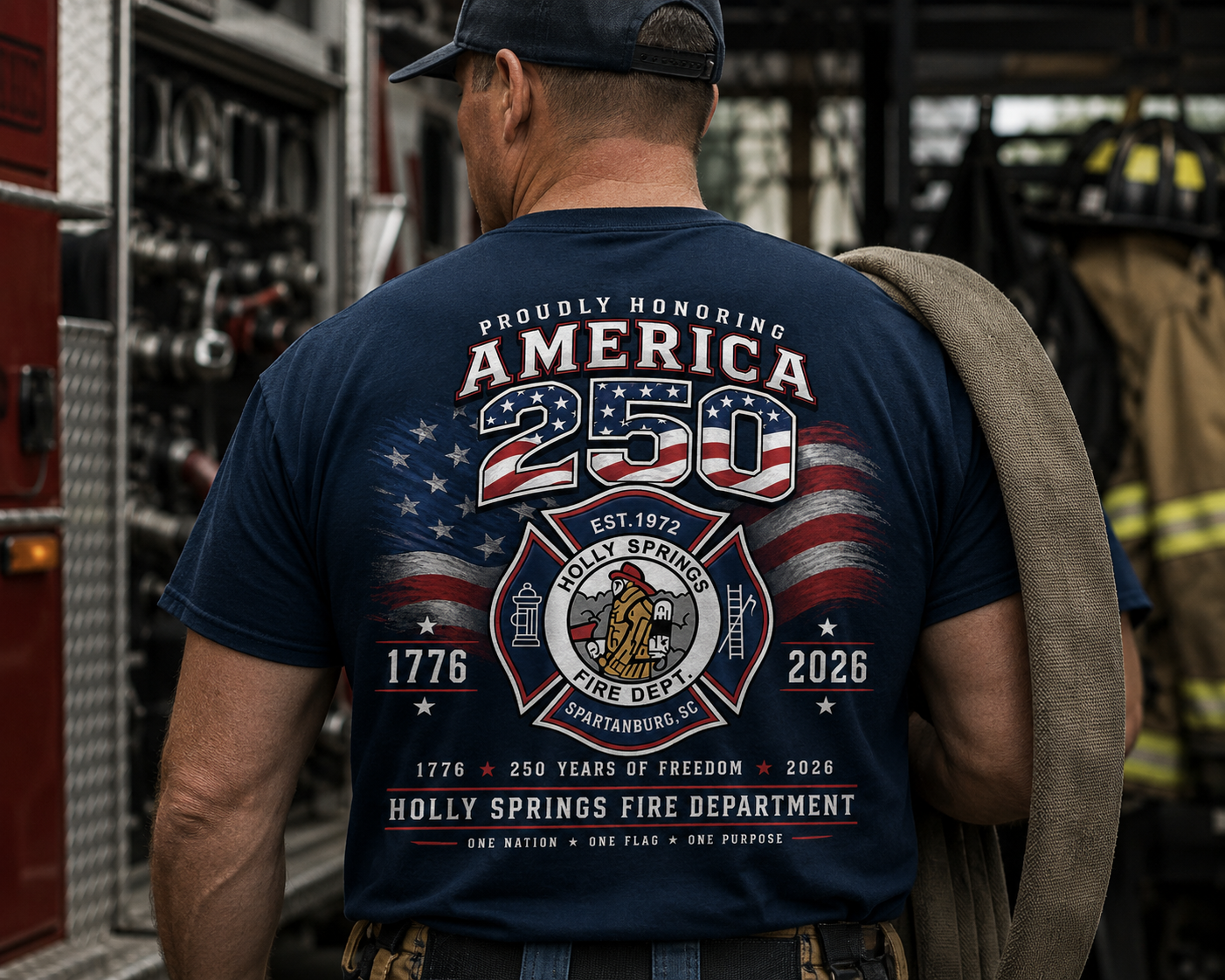 Firefighter wearing a Holly Springs Fire Department America 250 commemorative tee