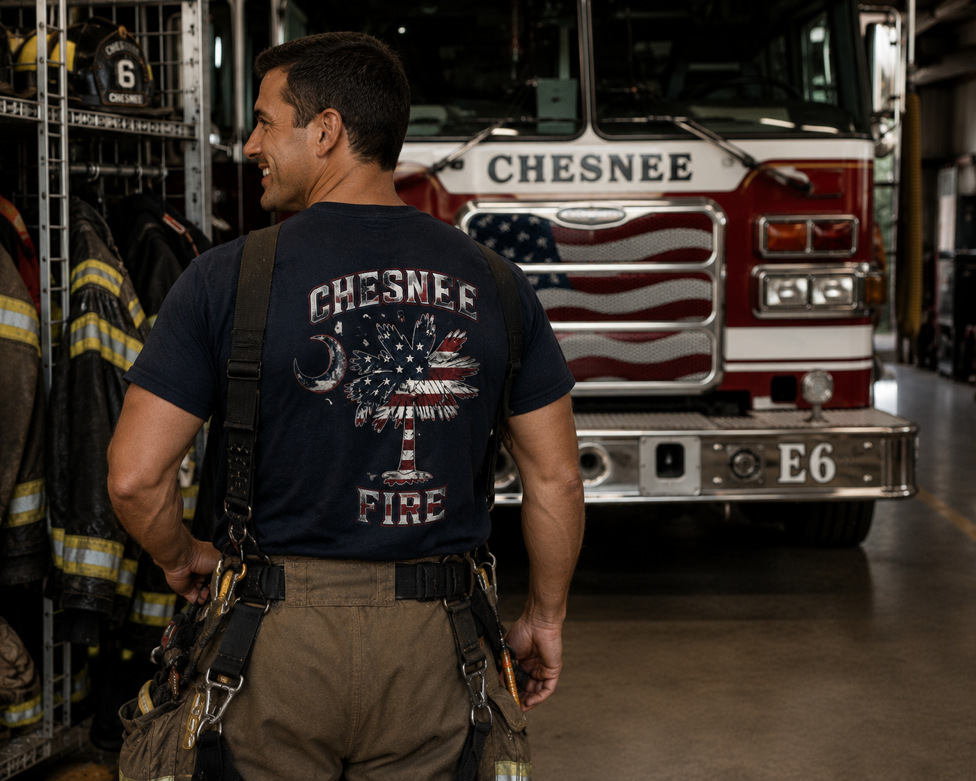 Firefighter wearing a custom Chesnee Fire tee in front of an engine