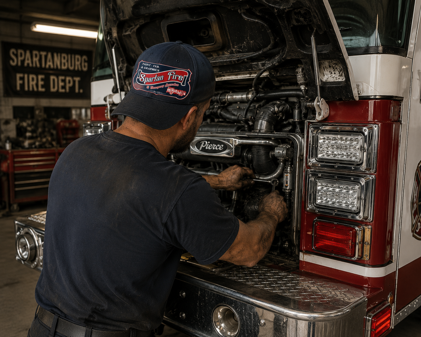 Technician in a Spartan Fire embroidered cap working on a fire apparatus